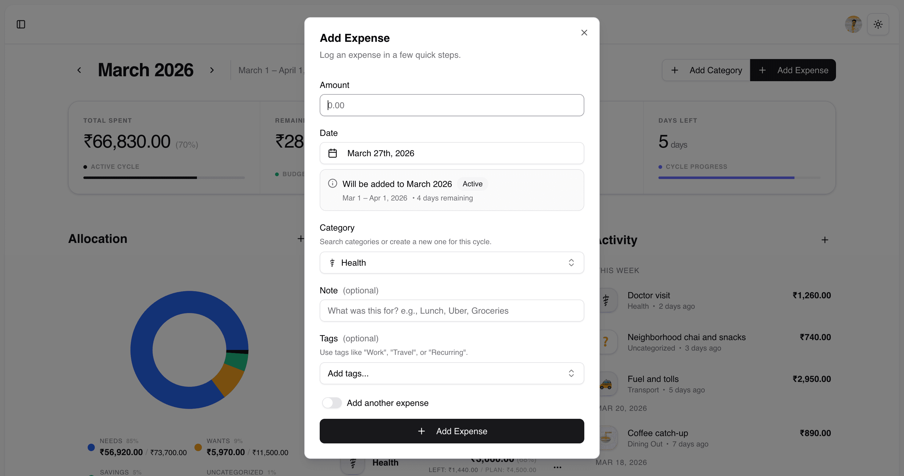 Spendly expense entry form showing quick capture with category, date, tags, and notes fields