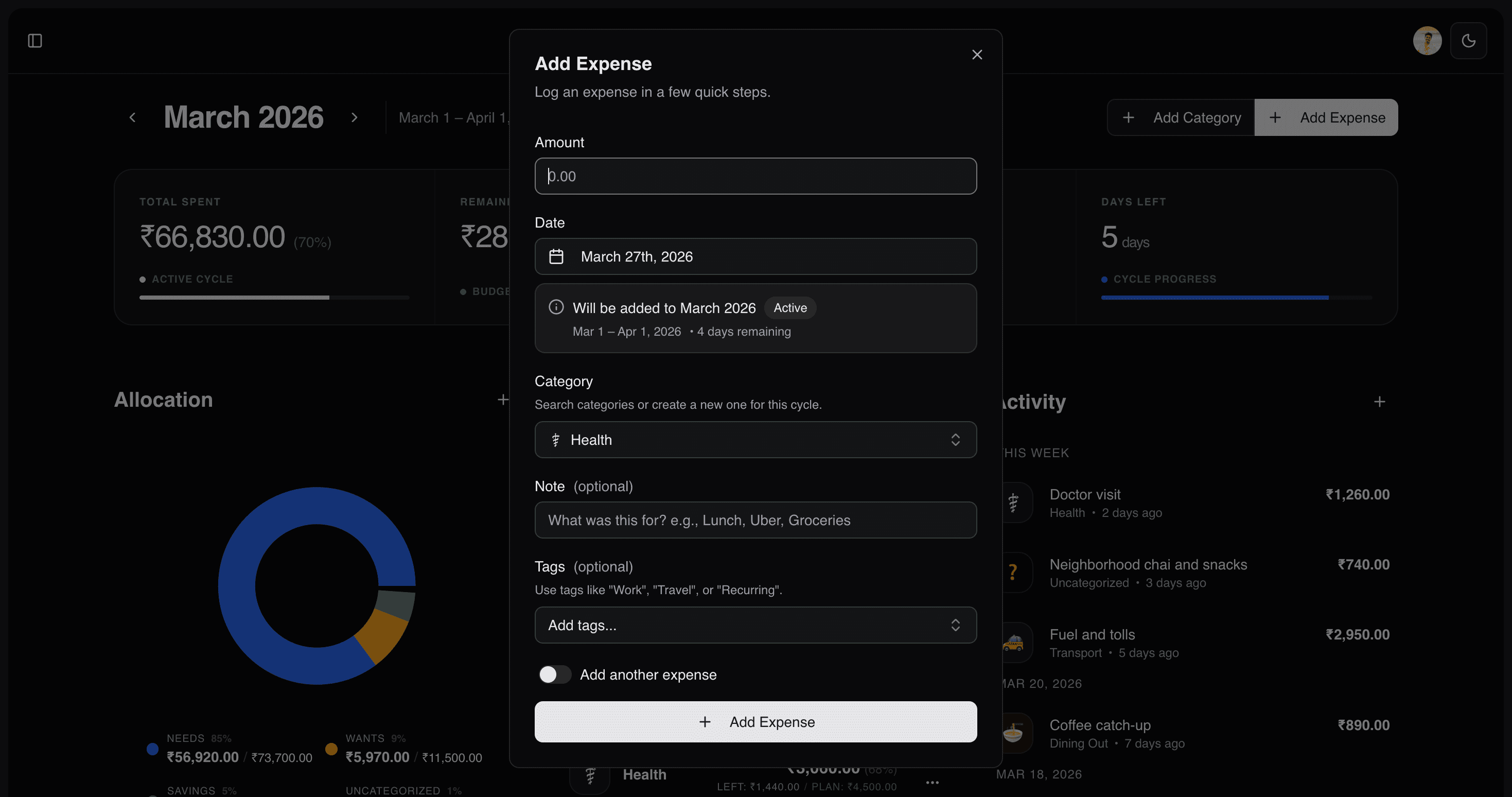Spendly expense entry form showing quick capture with category, date, tags, and notes fields